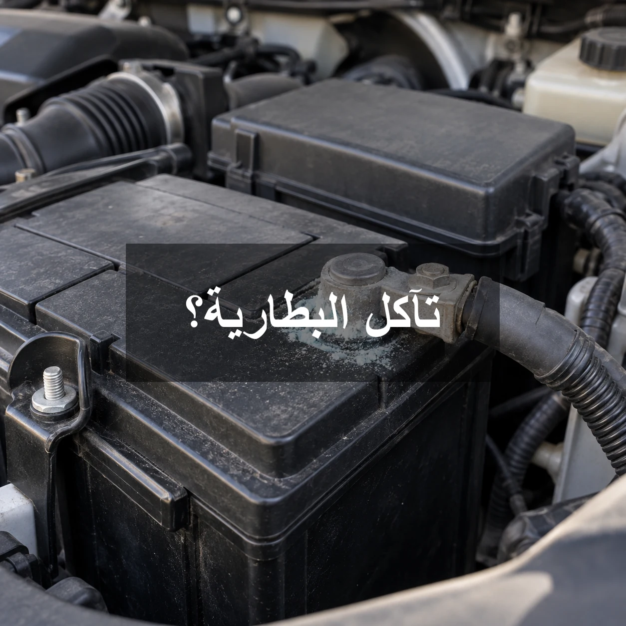 تآكل أبيض مائل للأزرق حول قطب بطارية سيارة مع عبارة تآكل البطارية؟ في وسط الصورة