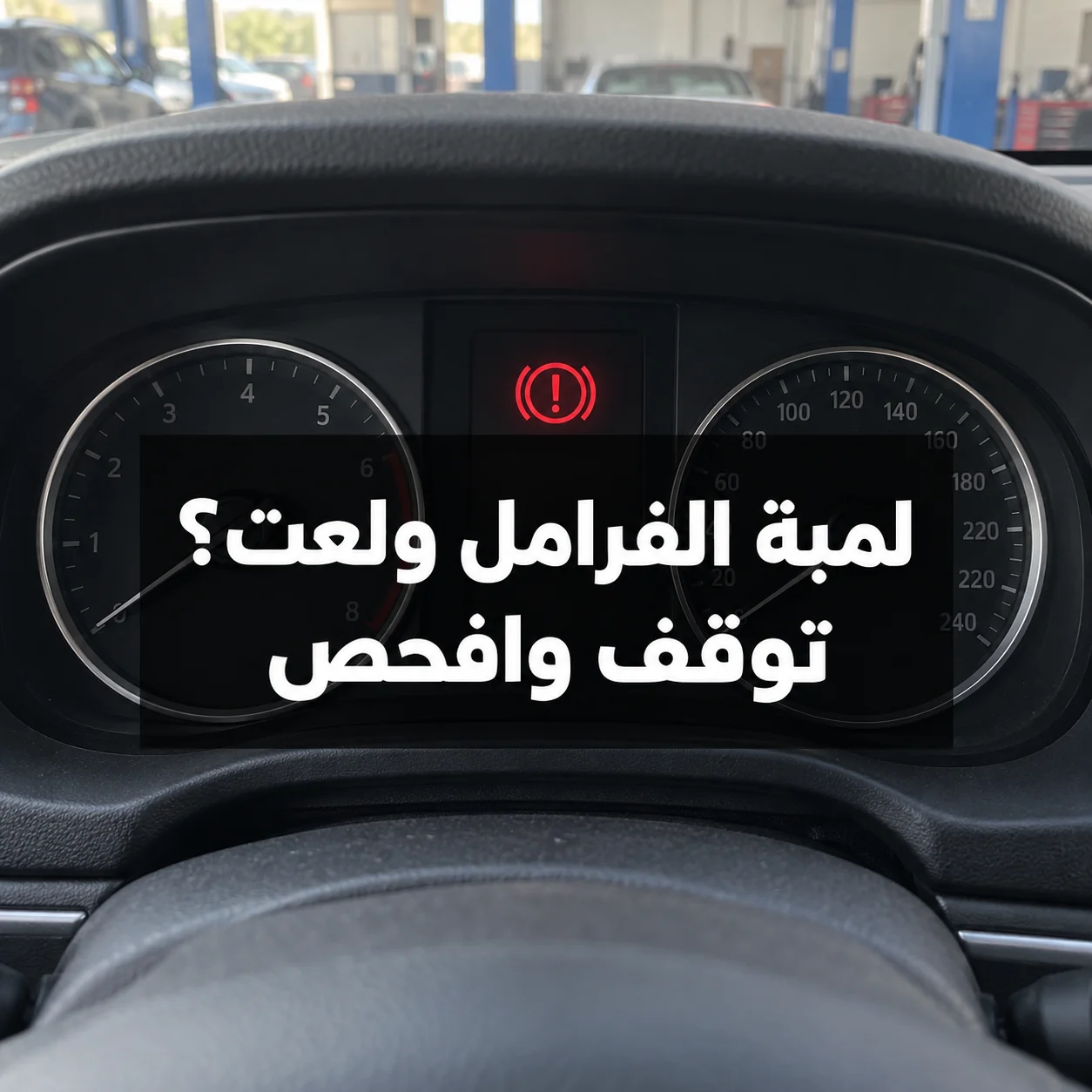 عدادات سيارة متوقفة تظهر رمز تحذير الفرامل الأحمر مع عبارة لمبة الفرامل ولعت؟ توقف وافحص في وسط الصورة