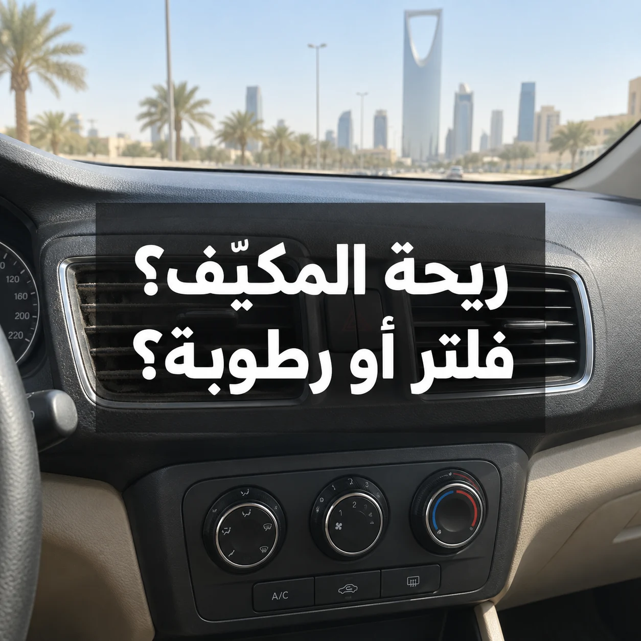 فتحات مكيّف سيارة مع عبارة ريحة المكيّف؟ فلتر أو رطوبة؟ وسط الصورة