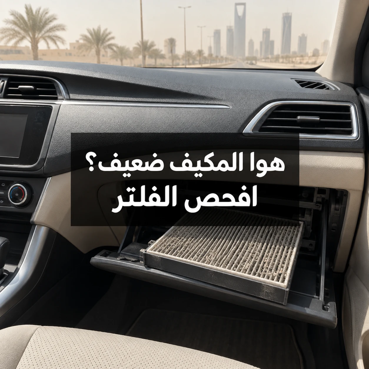 فلتر مكيّف سيارة متسخ بالغبار أمام درج الراكب مع عبارة هوا المكيف ضعيف؟ افحص الفلتر داخل الصورة