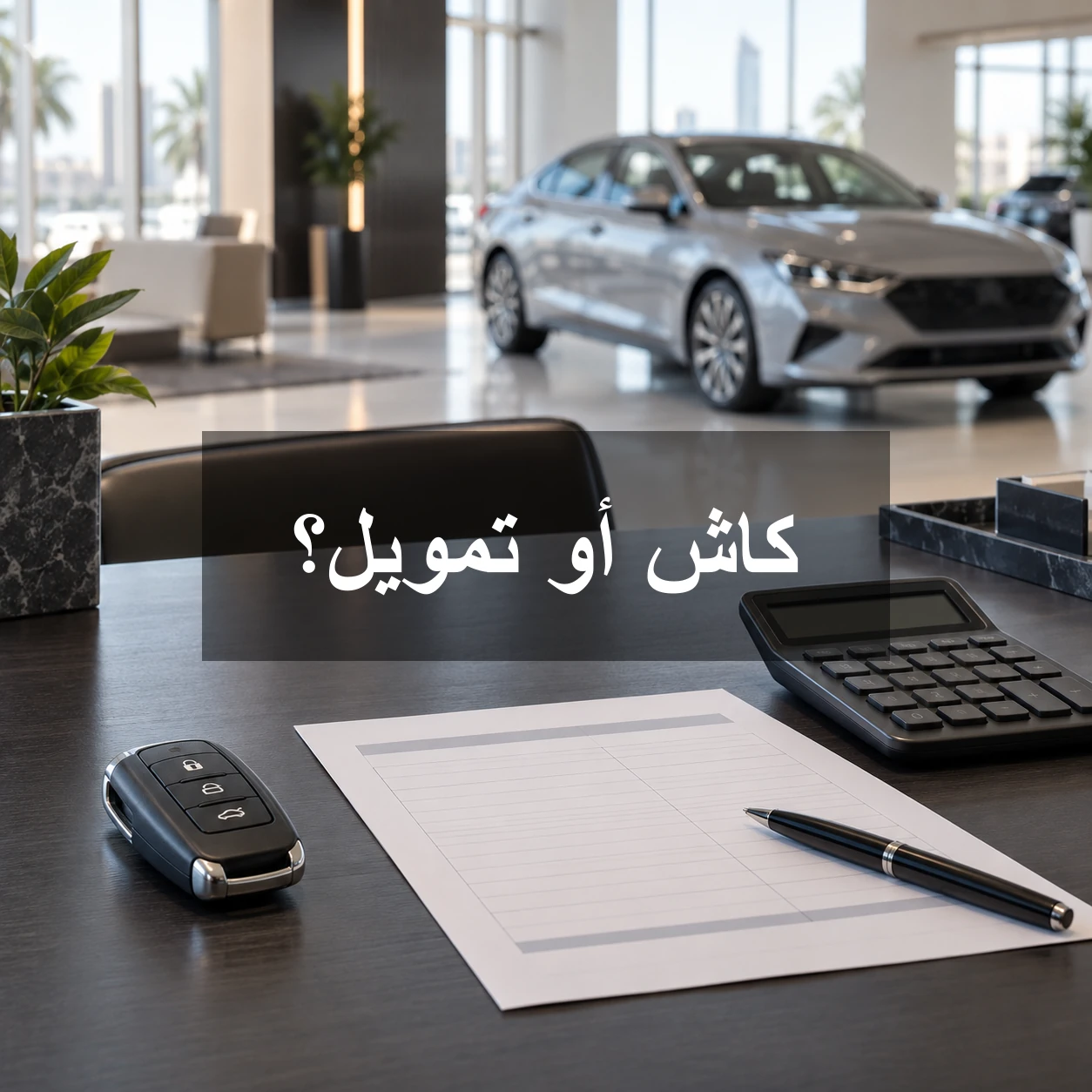 مفتاح سيارة وآلة حاسبة ونموذج مقارنة فارغ في معرض سيارات، مع عبارة كاش أو تمويل؟ وسط الصورة