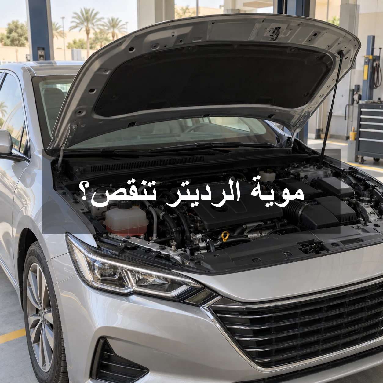 سيارة فضية بغطاء محرك مفتوح وخزان سائل تبريد ظاهر مع عبارة موية الرديتر تنقص؟ في وسط الصورة