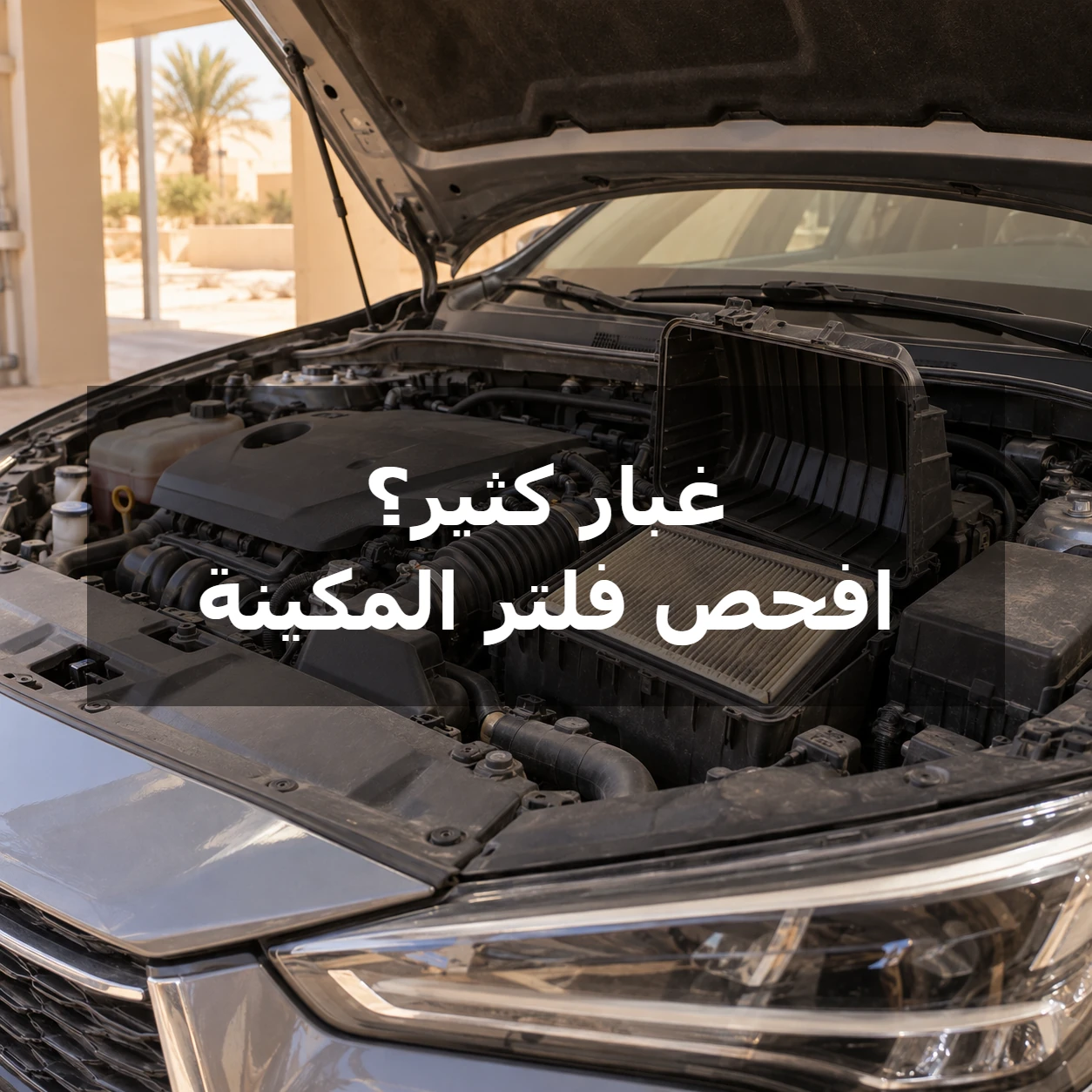 فلتر هواء محرك متسخ بالغبار داخل حجرة سيارة مع عبارة غبار كثير؟ افحص فلتر المكينة في وسط الصورة