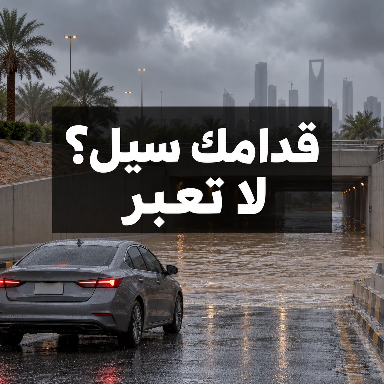 سيارة متوقفة بأمان قبل طريق مغمور بالمياه مع عبارة قدامك سيل؟ لا تعبر داخل الصورة