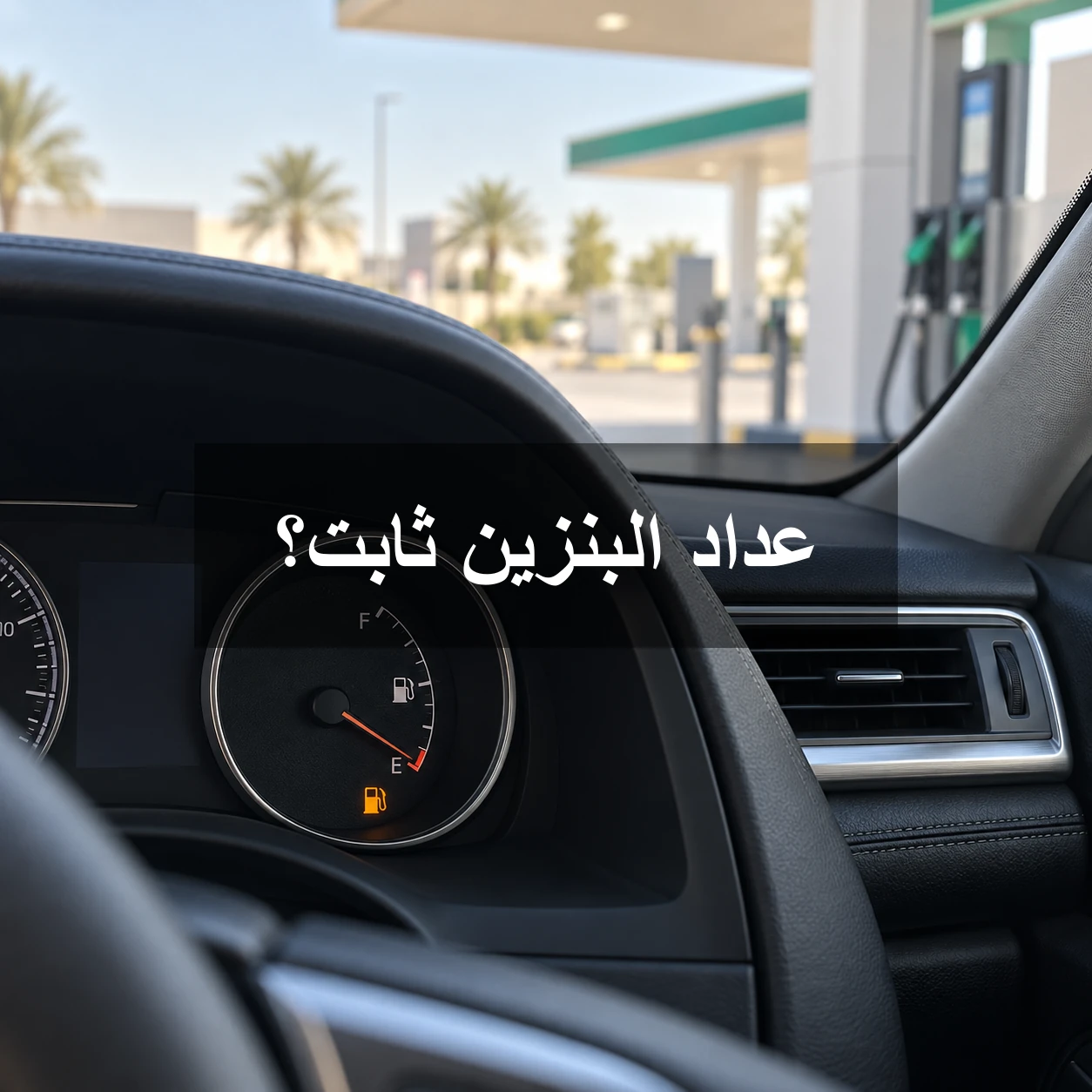 عداد بنزين قريب من فارغ داخل سيارة متوقفة عند محطة، مع عبارة عداد البنزين ثابت؟ وسط الصورة