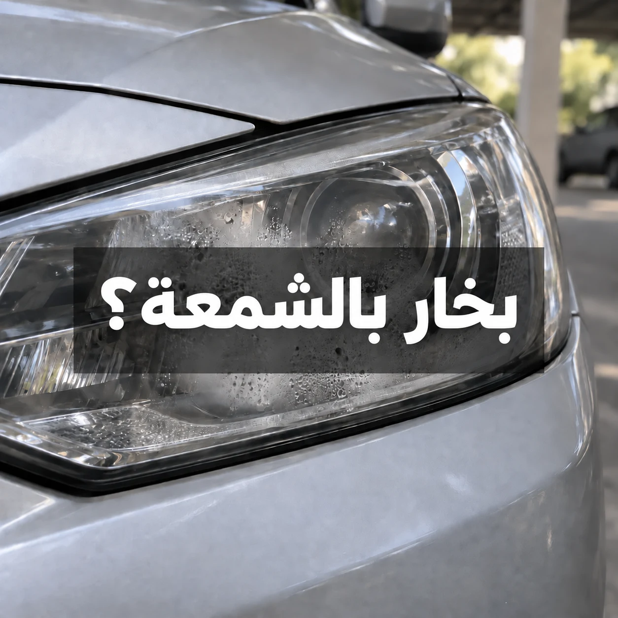 رطوبة داخل مصباح أمامي لسيارة فضية مع عبارة بخار بالشمعة؟ في وسط الصورة