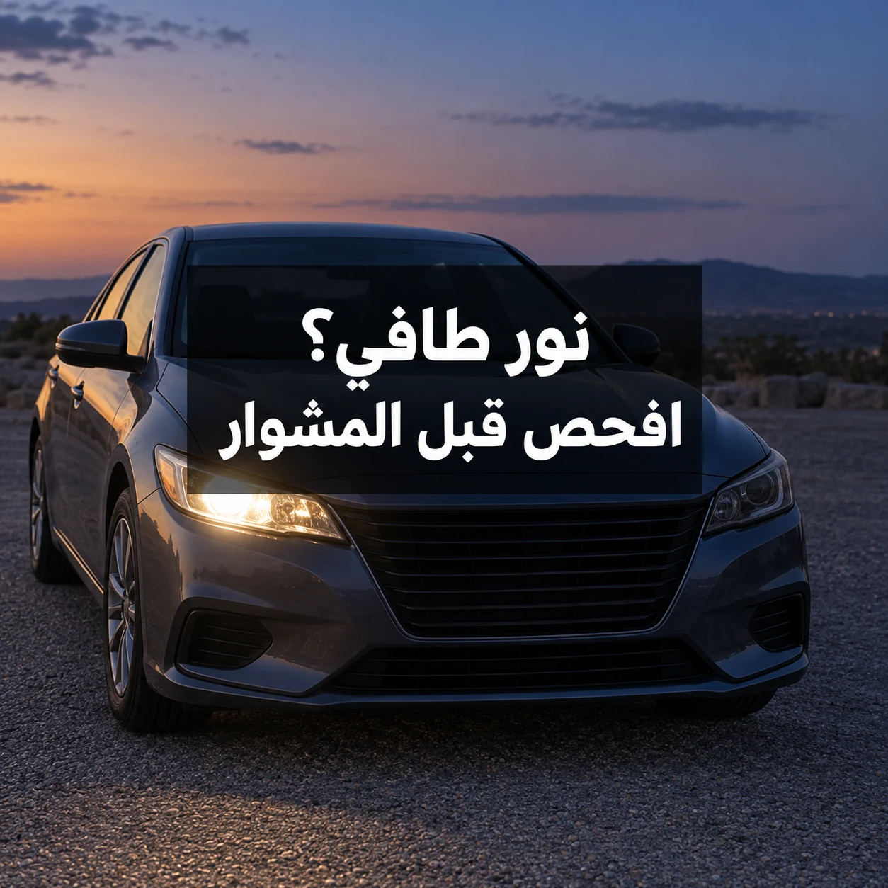سيارة متوقفة عند الغروب، نور أمامي واحد مضاء والآخر طافئ، وعبارة نور طافي؟ افحص قبل المشوار وسط الصورة