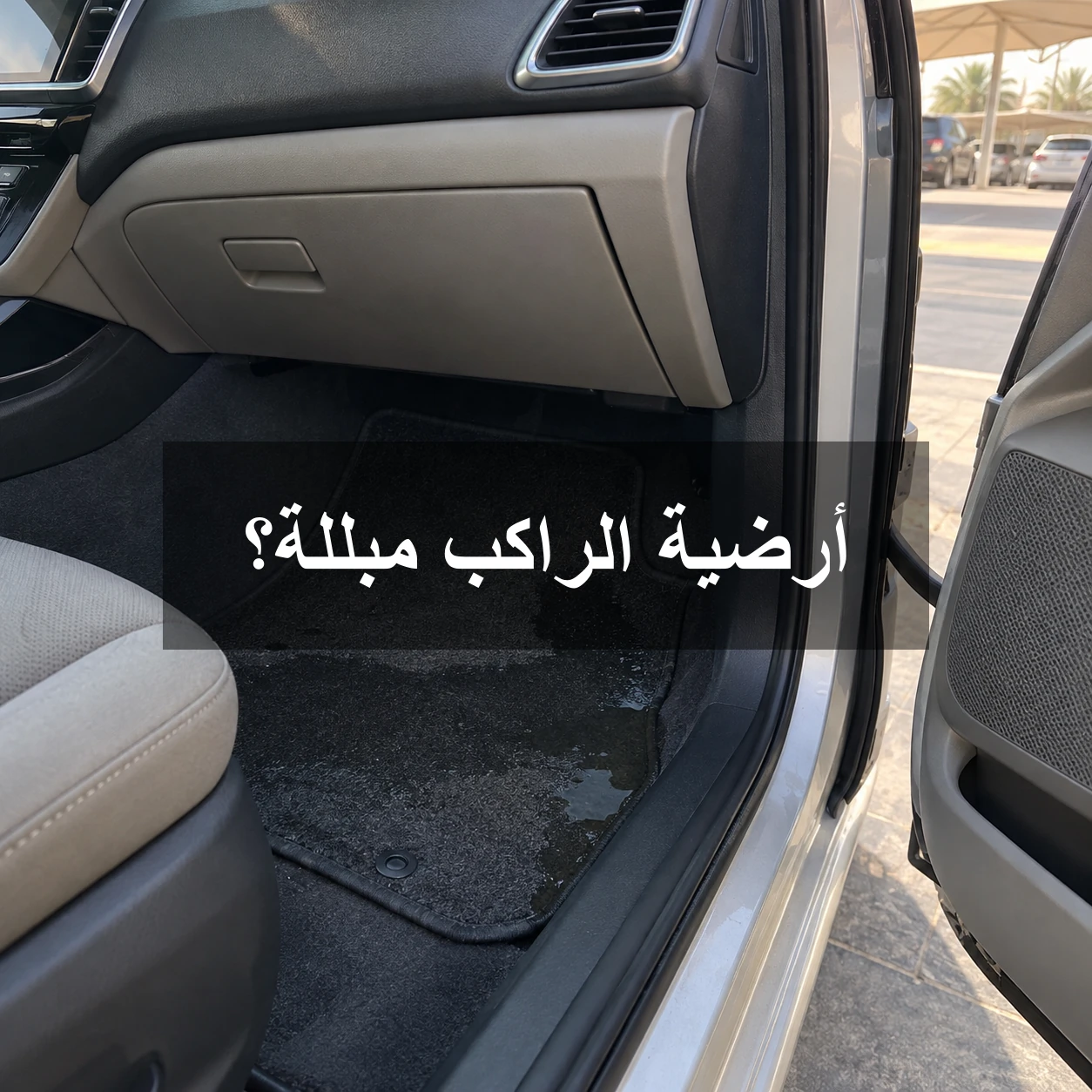 دعاسة أرضية الراكب الأمامي مبللة داخل سيارة واقفة، مع عبارة أرضية الراكب مبللة؟ في وسط الصورة