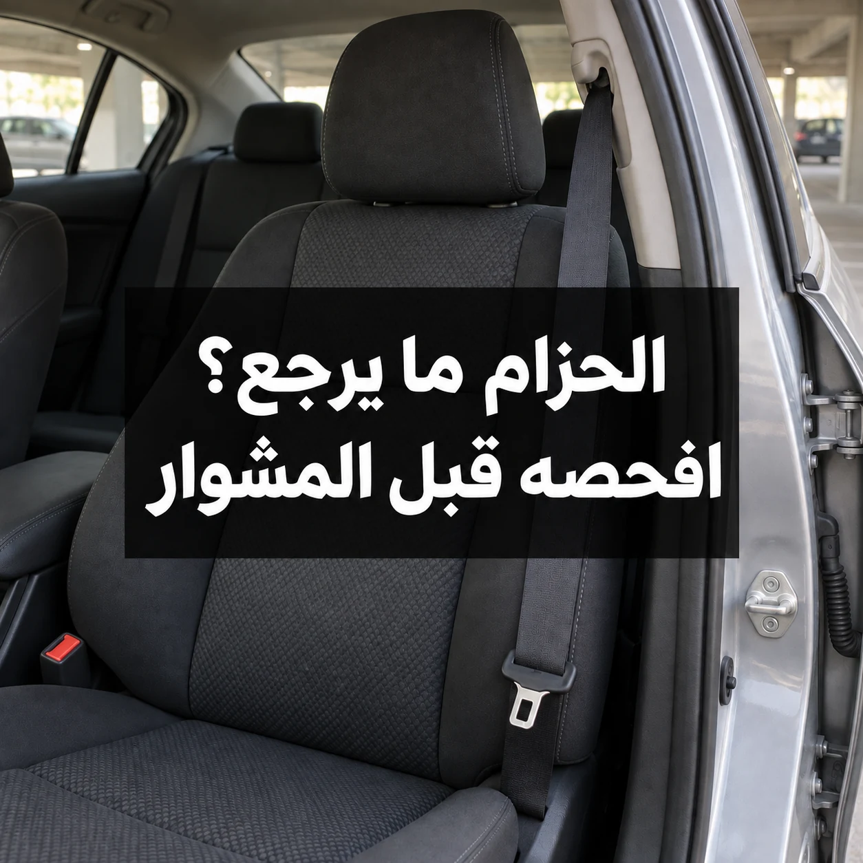 مقعد سيارة فارغ وحزام معلّق مع عبارة الحزام ما يرجع؟ افحصه قبل المشوار في وسط الصورة