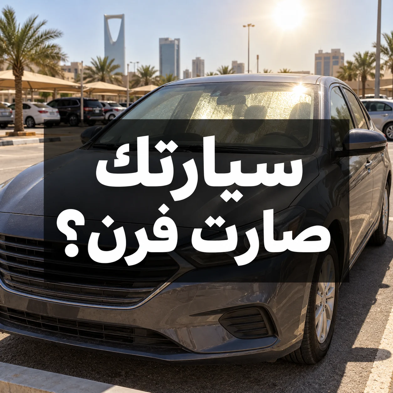 سيارة واقفة تحت الشمس مع عبارة سيارتك صارت فرن؟ في وسط الصورة