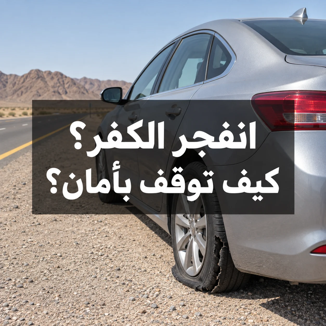 سيارة متوقفة خارج الطريق بإطار تالف وعبارة انفجر الكفر؟ كيف توقف بأمان؟ وسط الصورة