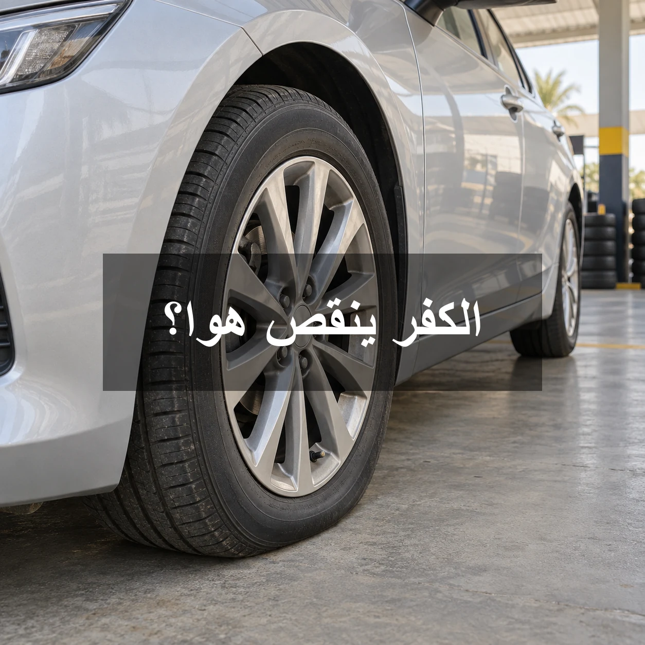 كفر سيارة فضية داخل مركز إطارات مع عبارة الكفر ينقص هوا؟ في وسط الصورة