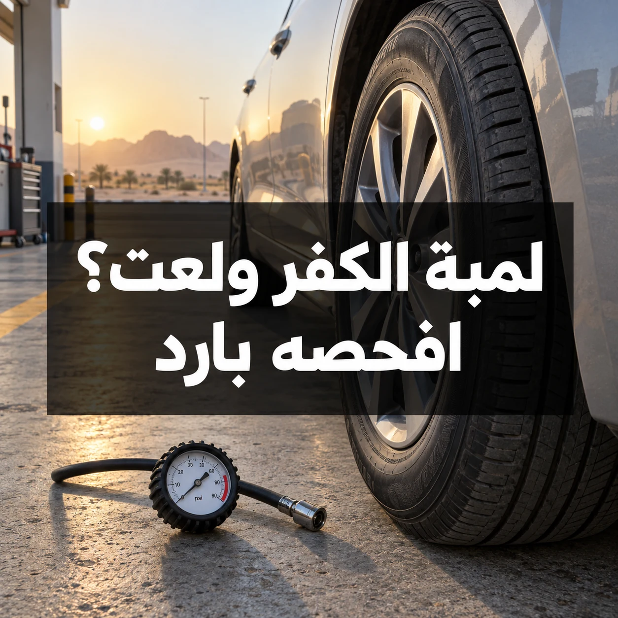 إطار سيارة في مركز خدمة سعودي مع عبارة لمبة الكفر ولعت؟ افحصه بارد داخل الصورة