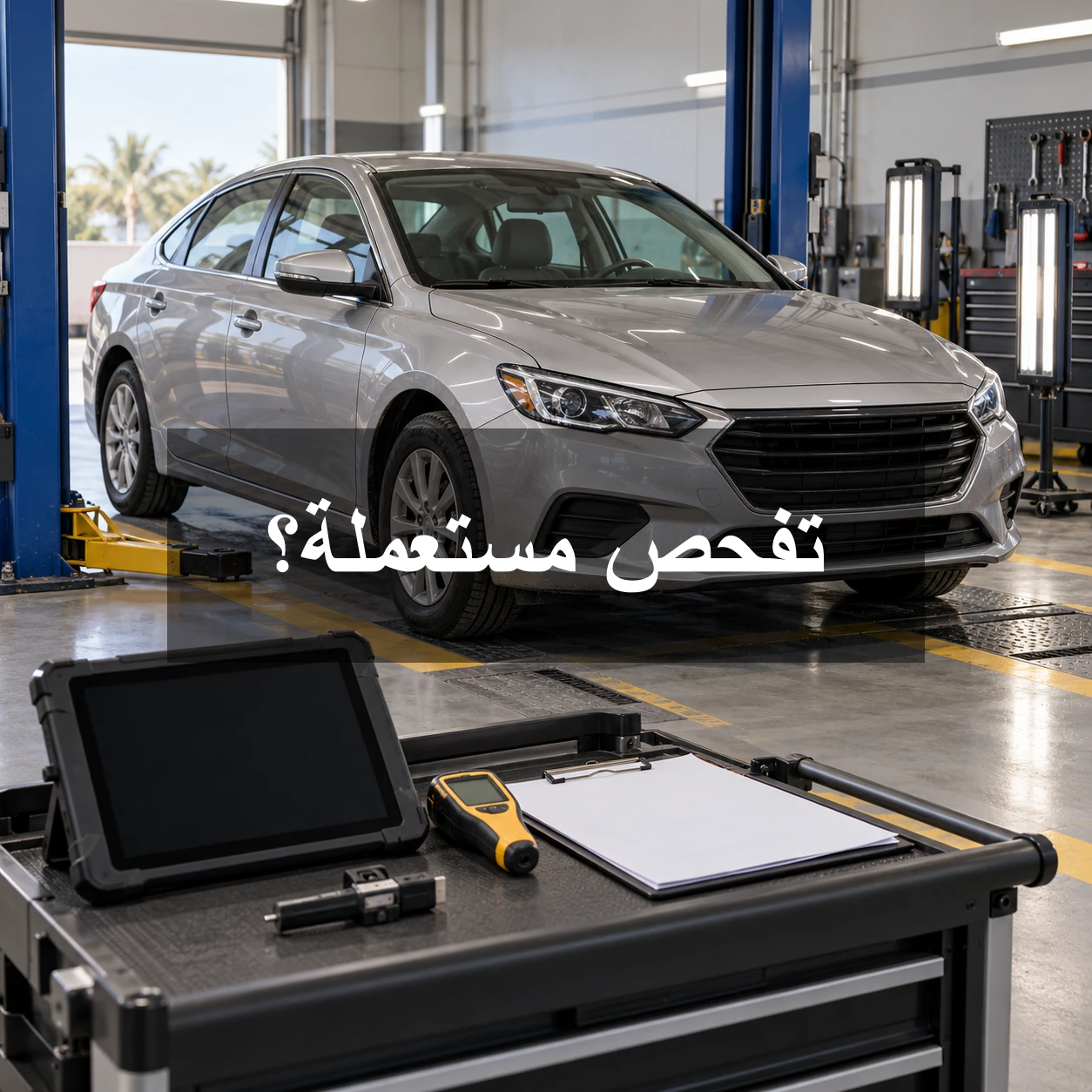 سيارة سيدان مستعملة داخل مركز فحص وعبارة تفحص مستعملة؟ في وسط الصورة