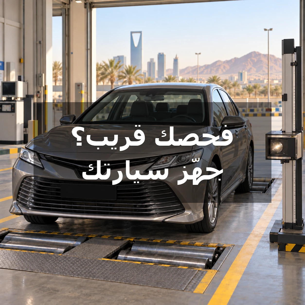 سيارة داخل مسار فحص دوري مع عبارة فحصك قريب؟ جهّز سيارتك داخل الصورة