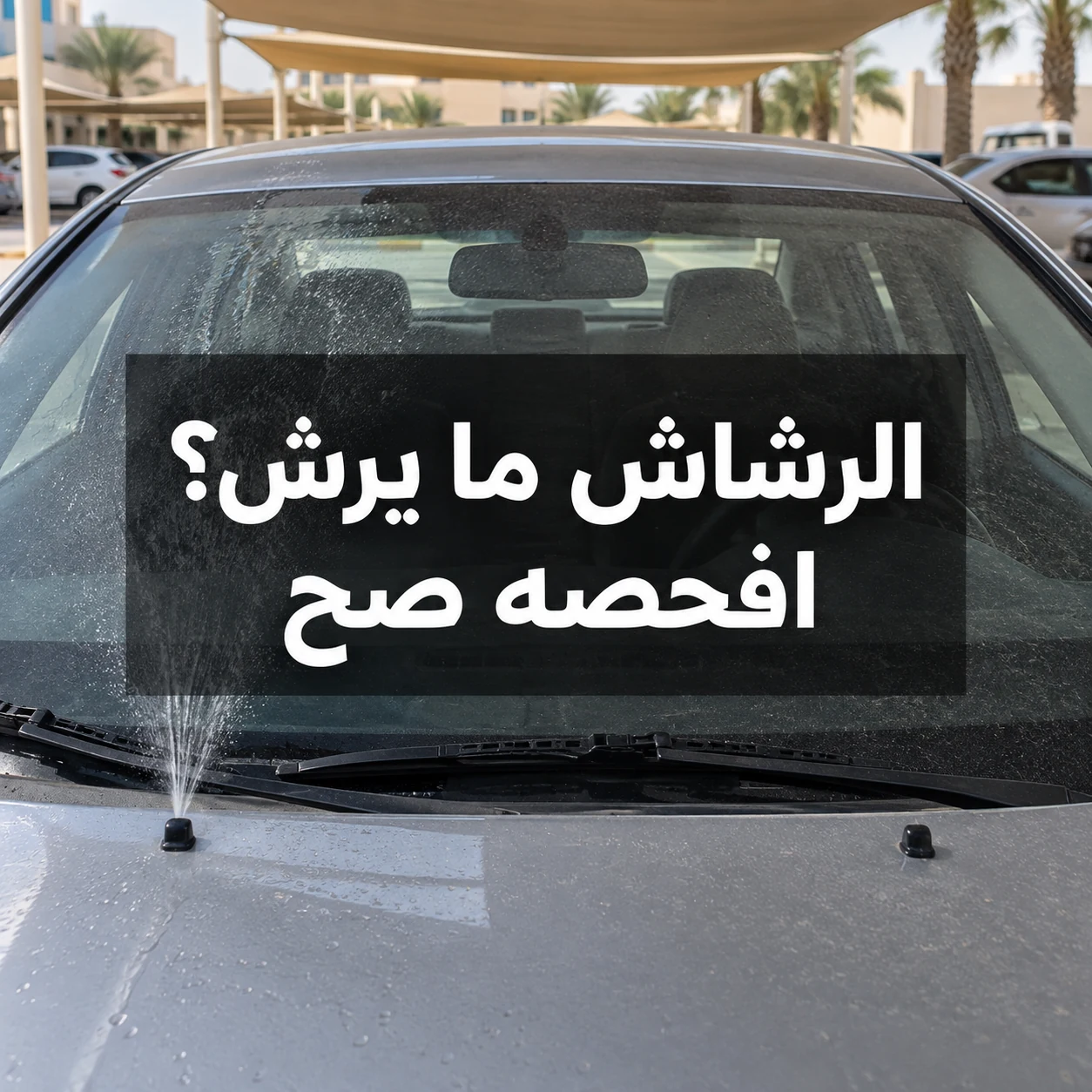 زجاج سيارة متوقفة ورشاش ماء يعمل من جهة واحدة مع عبارة الرشاش ما يرش؟ افحصه صح في وسط الصورة