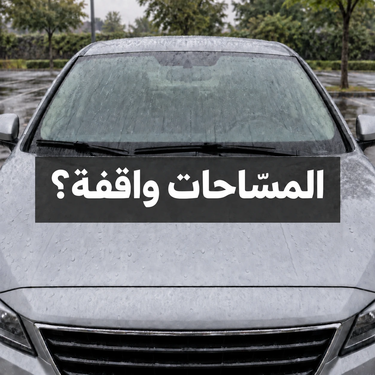 زجاج سيارة متوقفة مبلل بالمطر ومسّاحتان في وضع الراحة مع عبارة المسّاحات واقفة؟ في وسط الصورة