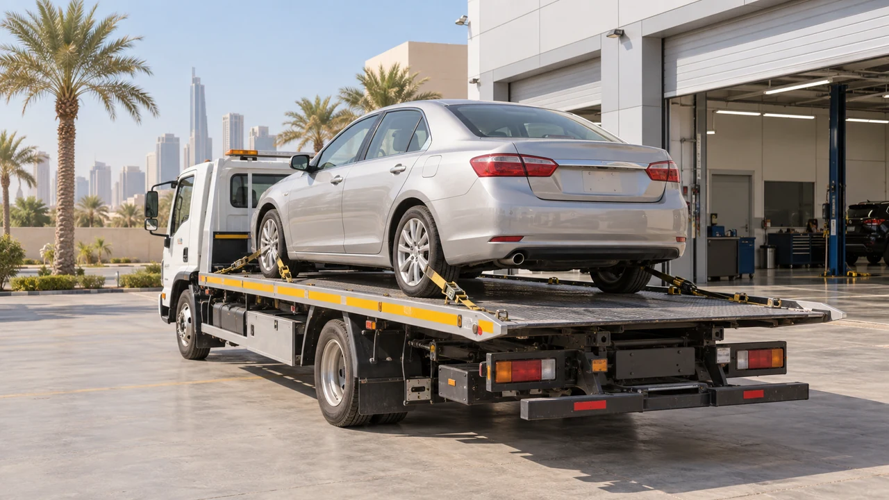 سيارة مثبتة على سطحة أمام ورشة لتوضيح النقل المهني بدل قيادتها بعد الاشتباه بوقود خاطئ